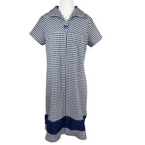 Vintage 1970s Retro BlueWhite Geometric Print Shift Shirt Dress Short Sleeve M